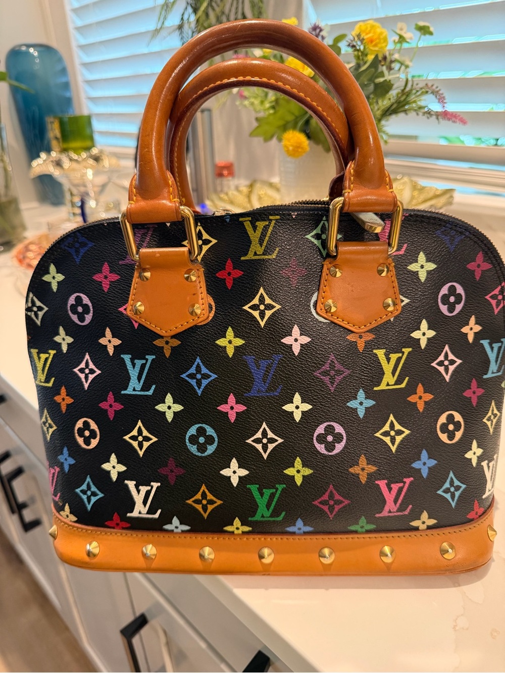 Louis Vuitton Black Murakami  Monogram Alma PM Satchel with Tan Trim